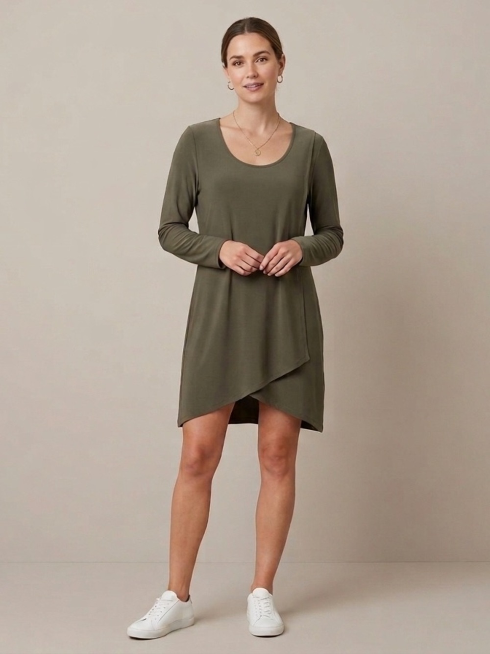 Joseph Ribkoff Olive Long-Sleeve Asymmetric Dress Sz10 minimalist Old Money